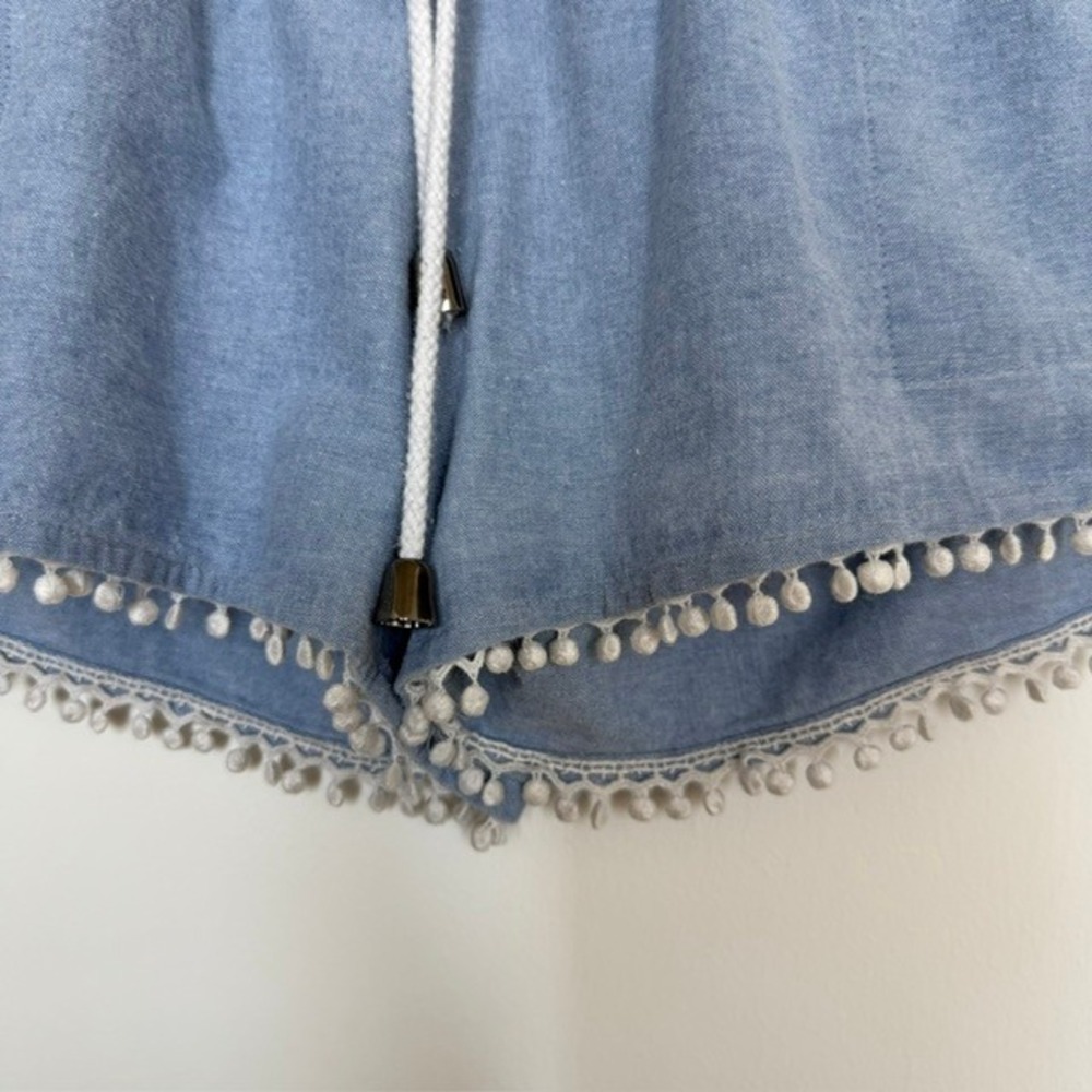 Rebecca Minkoff Chambray Drawstring Shorts with Pom Trim | Denim Shorts | S/M - Picture 4 of 8